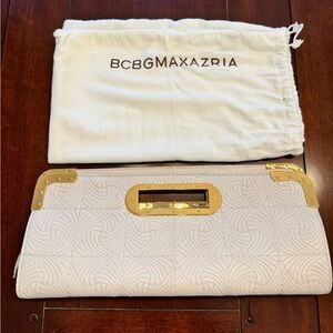 BCBG Max Azria Vintage Cream, Quilted Leather Clutch with Gold Accents